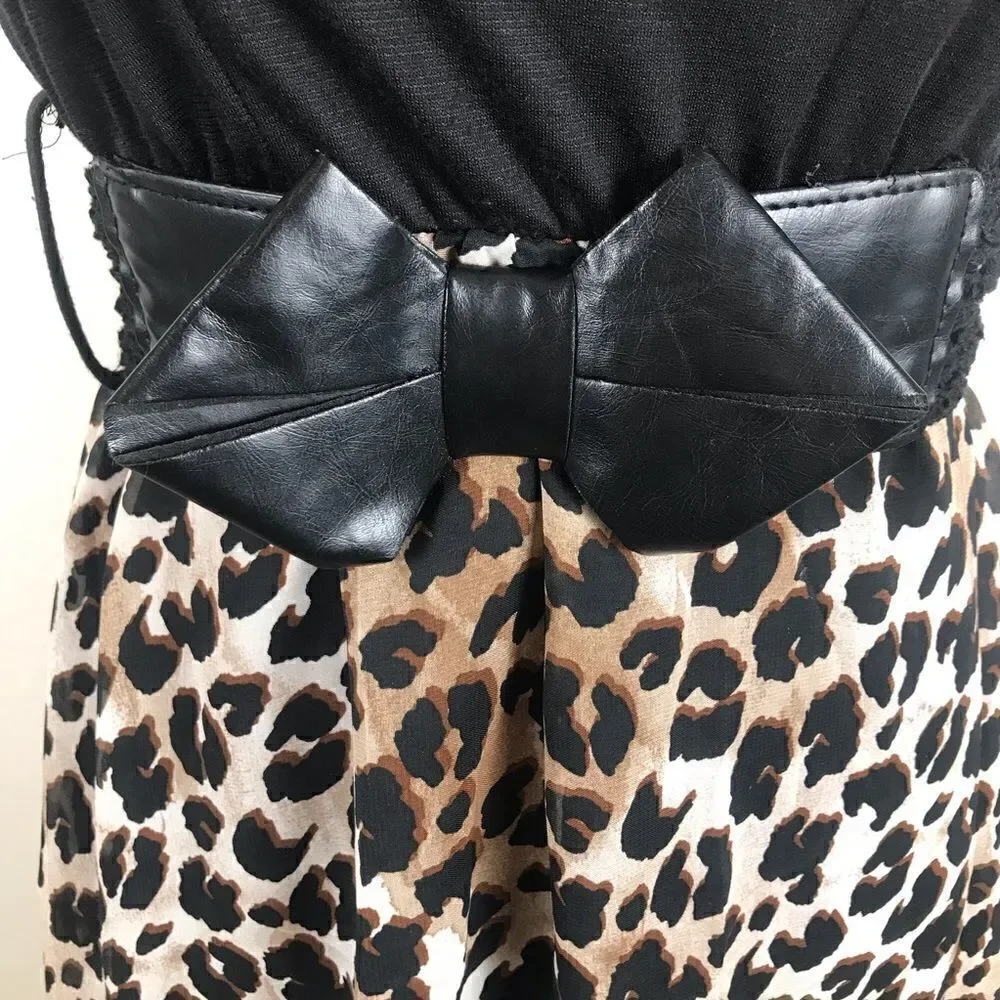 ‎Vintage Y2K strapless bow embellished belted Hi/low leopard print mini dress